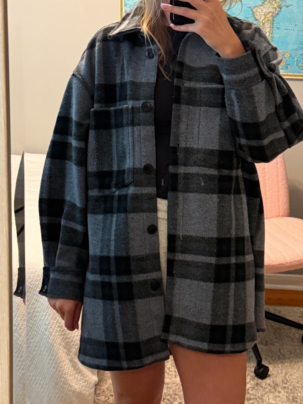 H&M Gray and Black Plaid Pea Coat